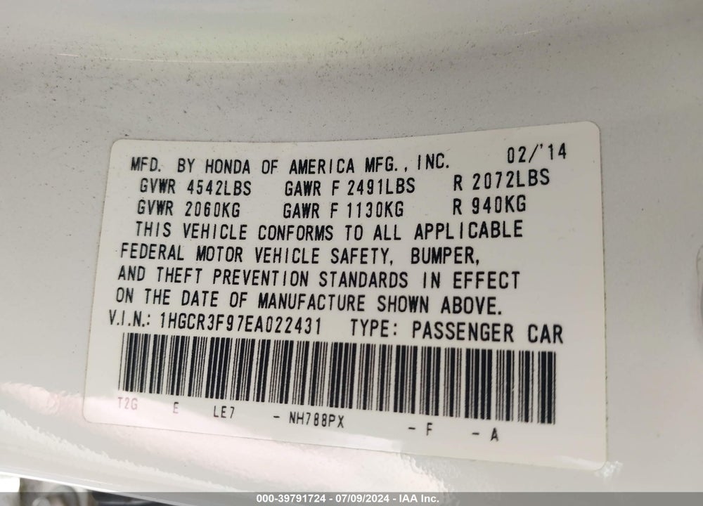 2014 HONDA ACCORD TOURING VIN: 1HGCR3F97EA022431
