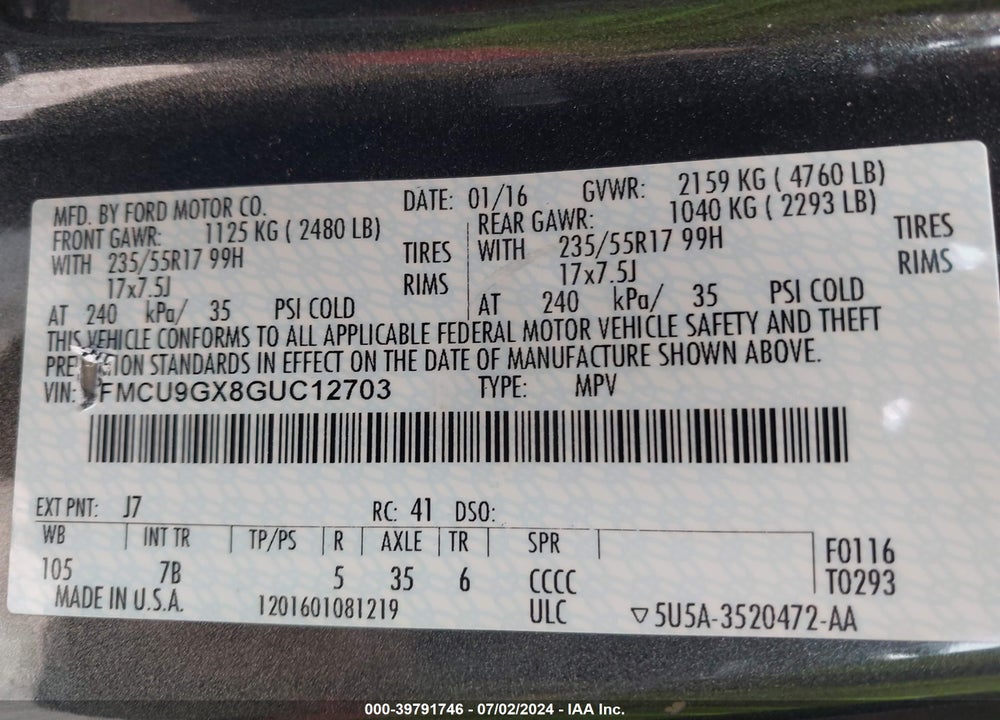 2016 FORD ESCAPE SE VIN: 1FMCU9GX8GUC12703