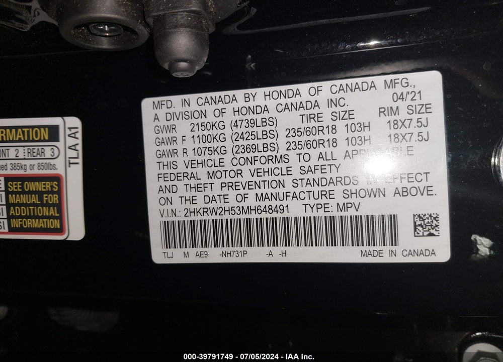 2021 HONDA CR-V AWD EX VIN: 2HKRW2H53MH648491