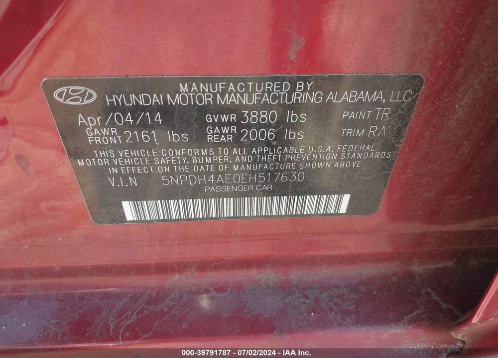 2014 HYUNDAI ELANTRA SE VIN: 5NPDH4AE0EH517630