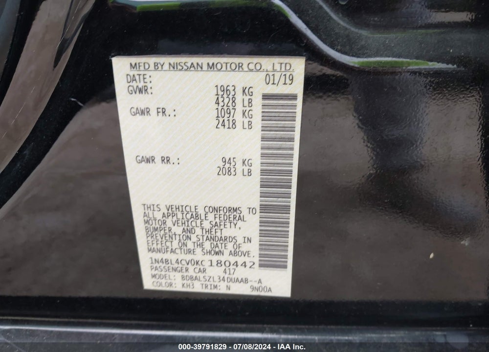 2019 NISSAN ALTIMA 2.5 SR VIN: 1N4BL4CV0KC180442