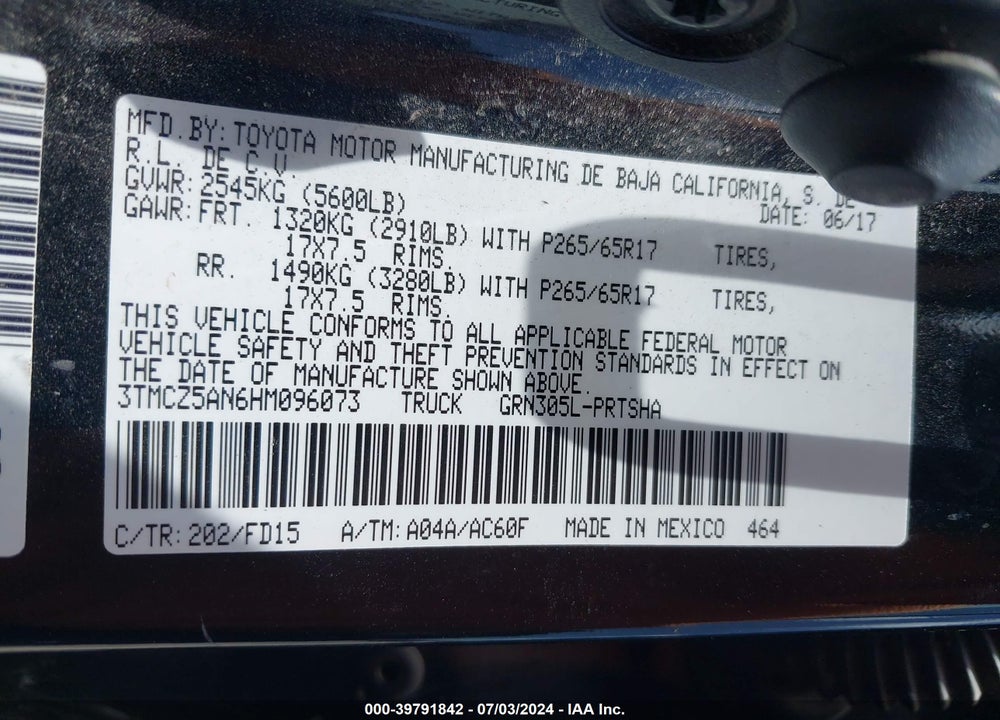 2017 TOYOTA TACOMA VIN: 3TMCZ5AN6HM096073