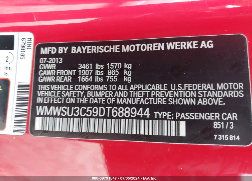 2013 MINI HARDTOP COOPER VIN: WMWSU3C59DT688944