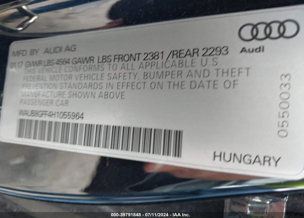 2017 AUDI A3 2.0T PREMIUM VIN: WAUB8GFF4H1055964