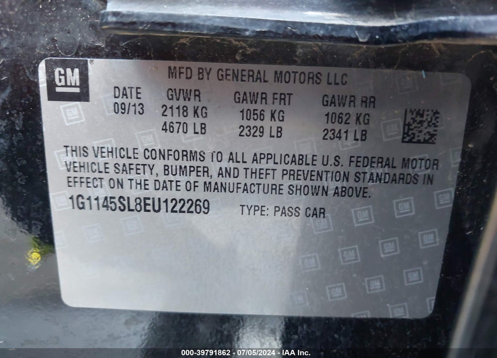 2014 CHEVROLET IMPALA 1LZ VIN: 1G1145SL8EU122269