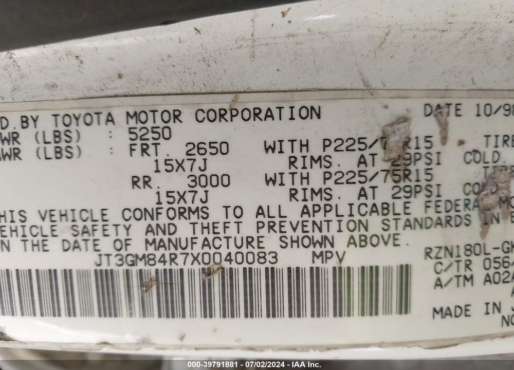 1999 TOYOTA 4RUNNER VIN: JT3GM84R7X0040083