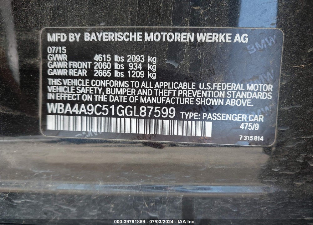 2016 BMW 428I GRAN COUPE VIN: WBA4A9C51GGL87599
