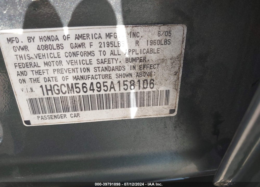 2005 HONDA ACCORD 2.4 LX VIN: 1HGCM56495A158106