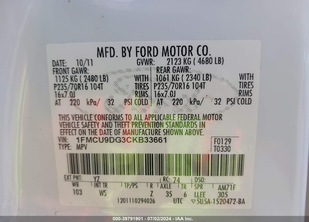 2012 FORD ESCAPE XLT VIN: 1FMCU9DG3CKB33661