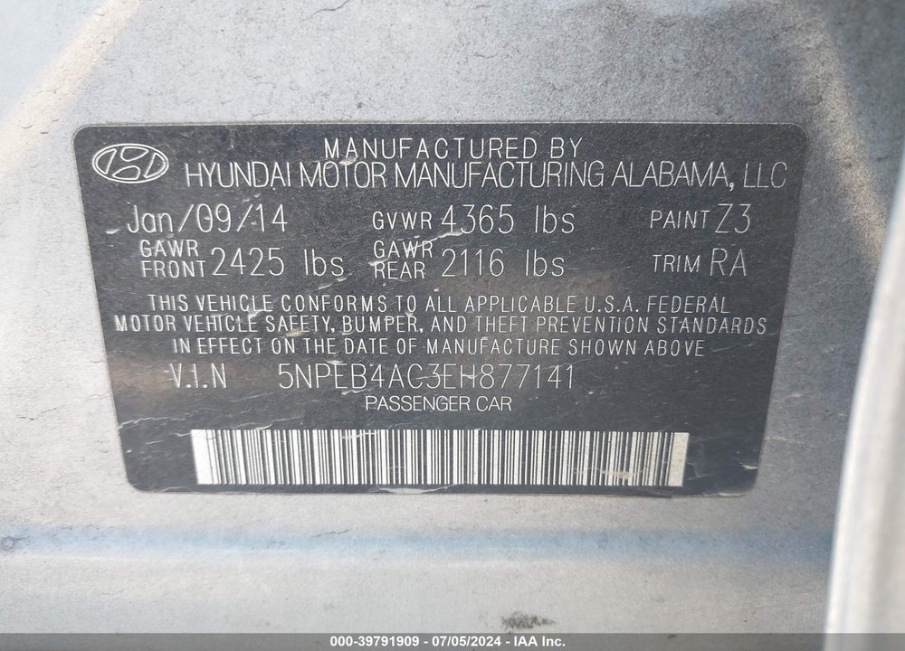 2014 HYUNDAI SONATA GLS VIN: 5NPEB4AC3EH877141