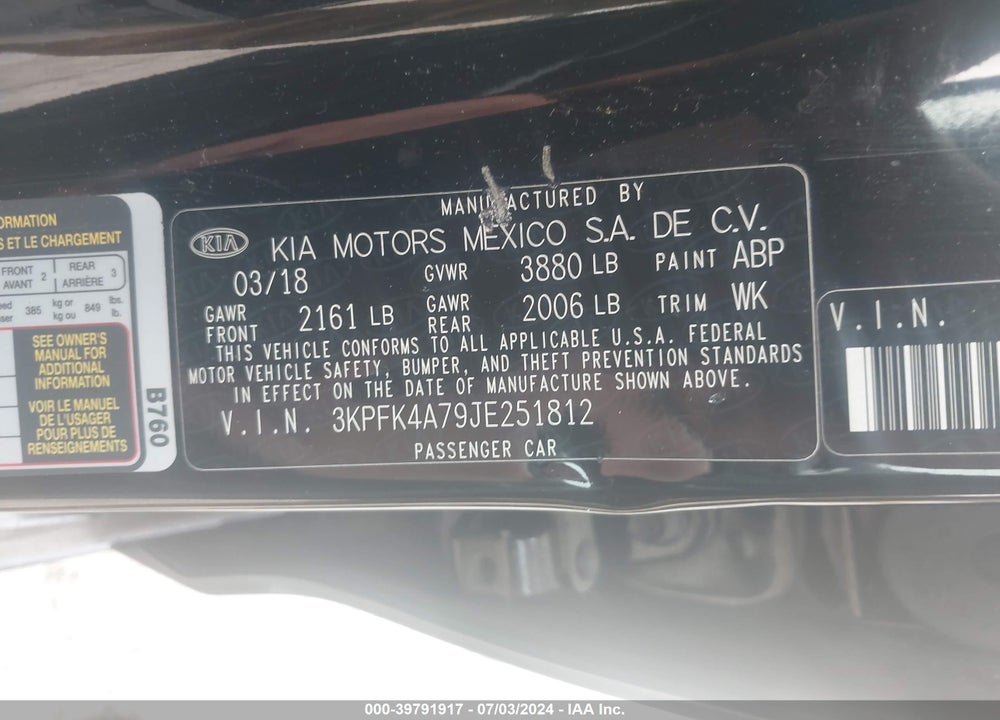 2018 KIA FORTE LX VIN: 3KPFK4A79JE251812