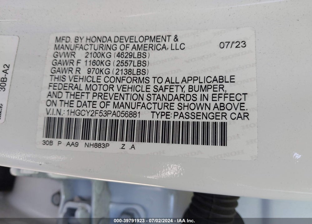 2023 HONDA ACCORD HYBRID SPORT VIN: 1HGCY2F53PA056881