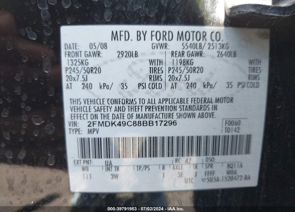 2008 FORD EDGE LIMITED VIN: 2FMDK49C88BB17296