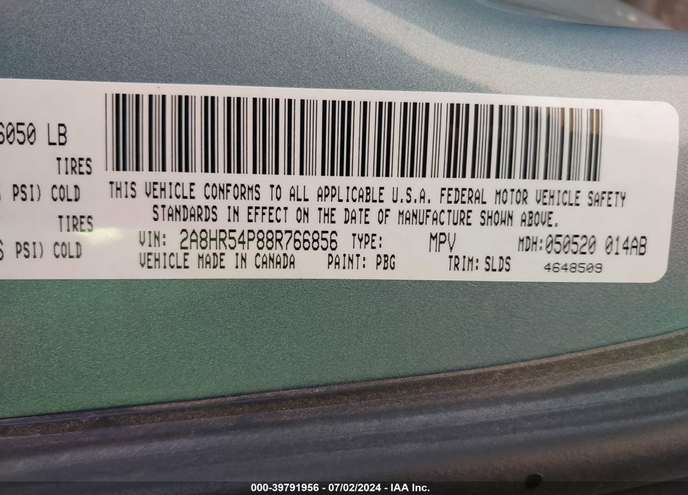 2008 CHRYSLER TOWN & COUNTRY TOURING VIN: 2A8HR54P88R766856
