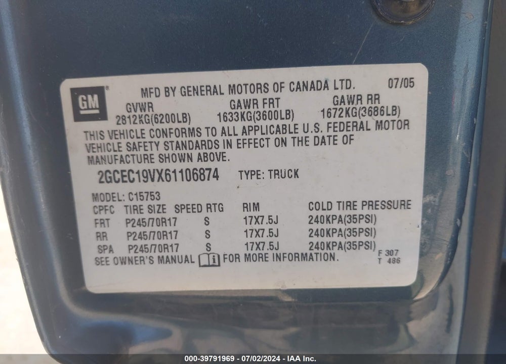 2006 CHEVROLET SILVERADO 1500 LT1 VIN: 2GCEC19VX61106874