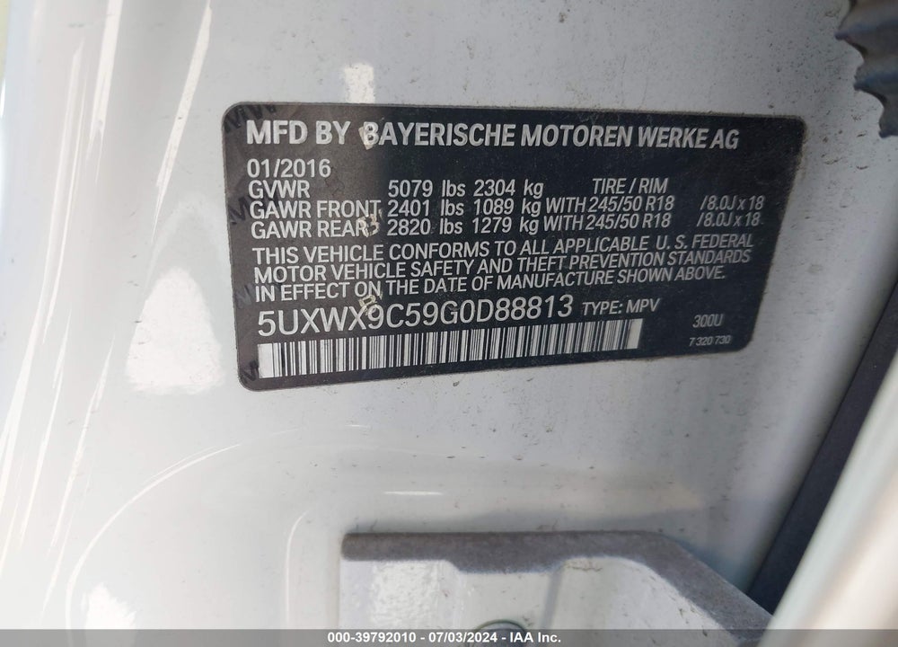 2016 BMW X3 XDRIVE28I VIN: 5UXWX9C59G0D88813