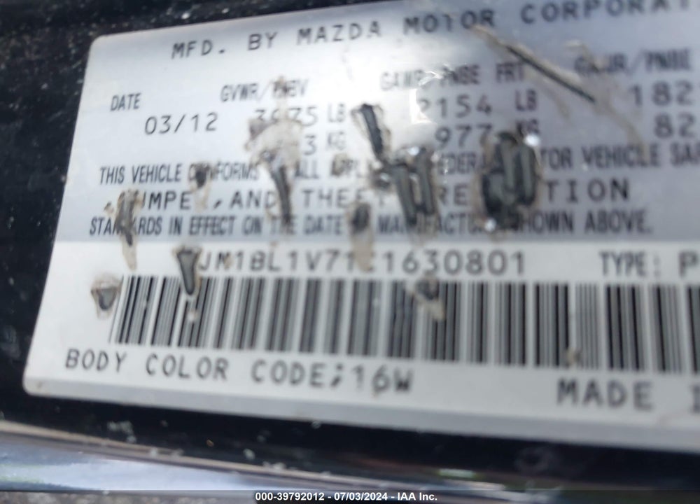 2012 MAZDA 3 I TOURING VIN: JM1BL1V71C1630801