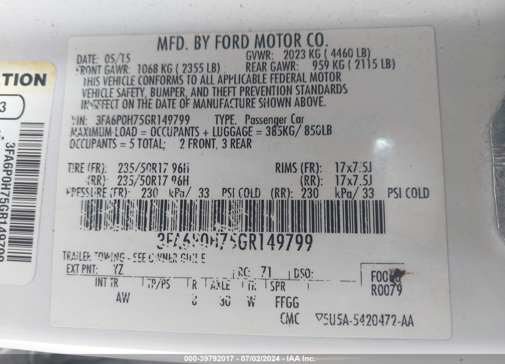 2016 FORD FUSION SE VIN: 3FA6P0H75GR149799
