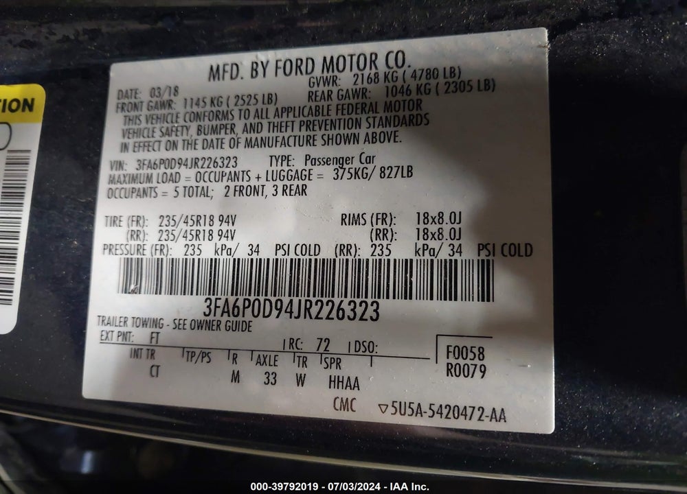 2018 FORD FUSION TITANIUM VIN: 3FA6P0D94JR226323