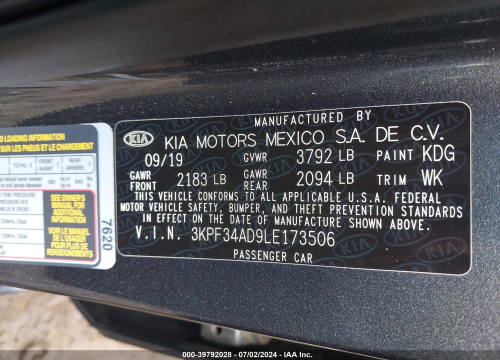2020 KIA FORTE GT LINE VIN: 3KPF34AD9LE173506