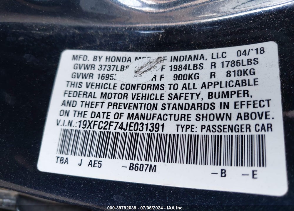 2018 HONDA CIVIC EX VIN: 19XFC2F74JE031391