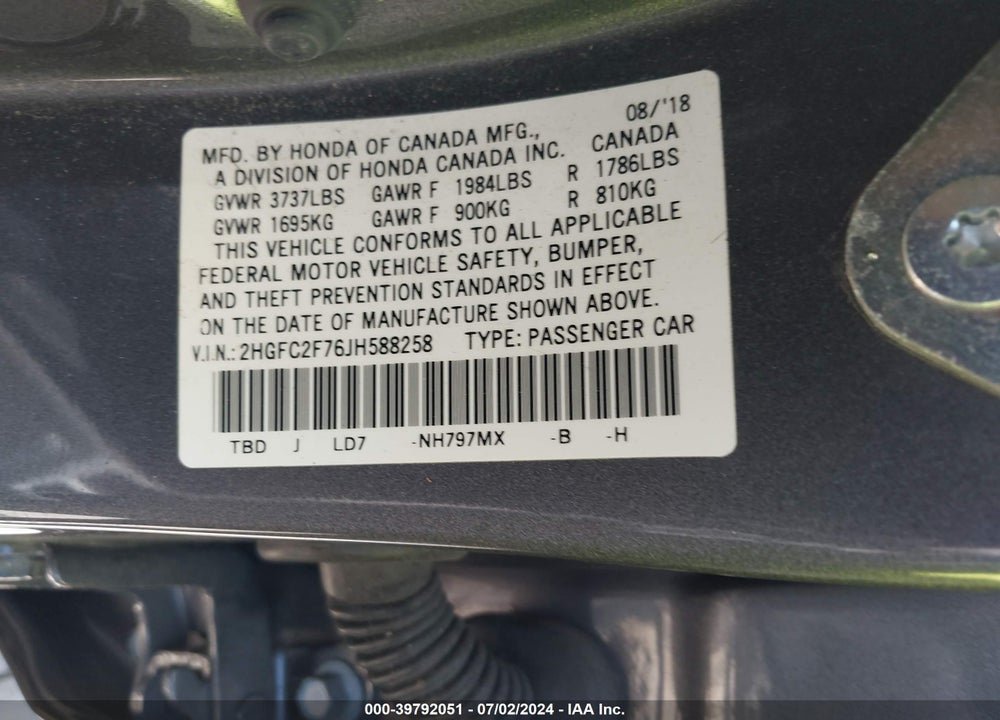 2018 HONDA CIVIC EX VIN: 2HGFC2F76JH588258
