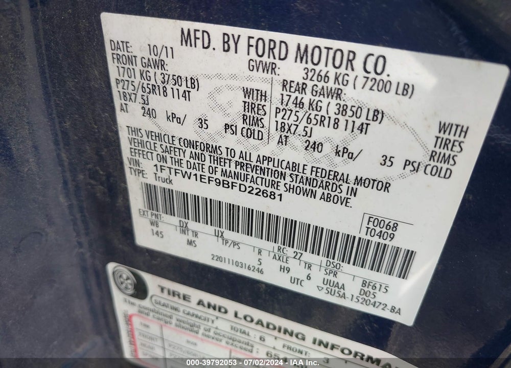 2011 FORD F-150 XLT VIN: 1FTFW1EF9BFD22681