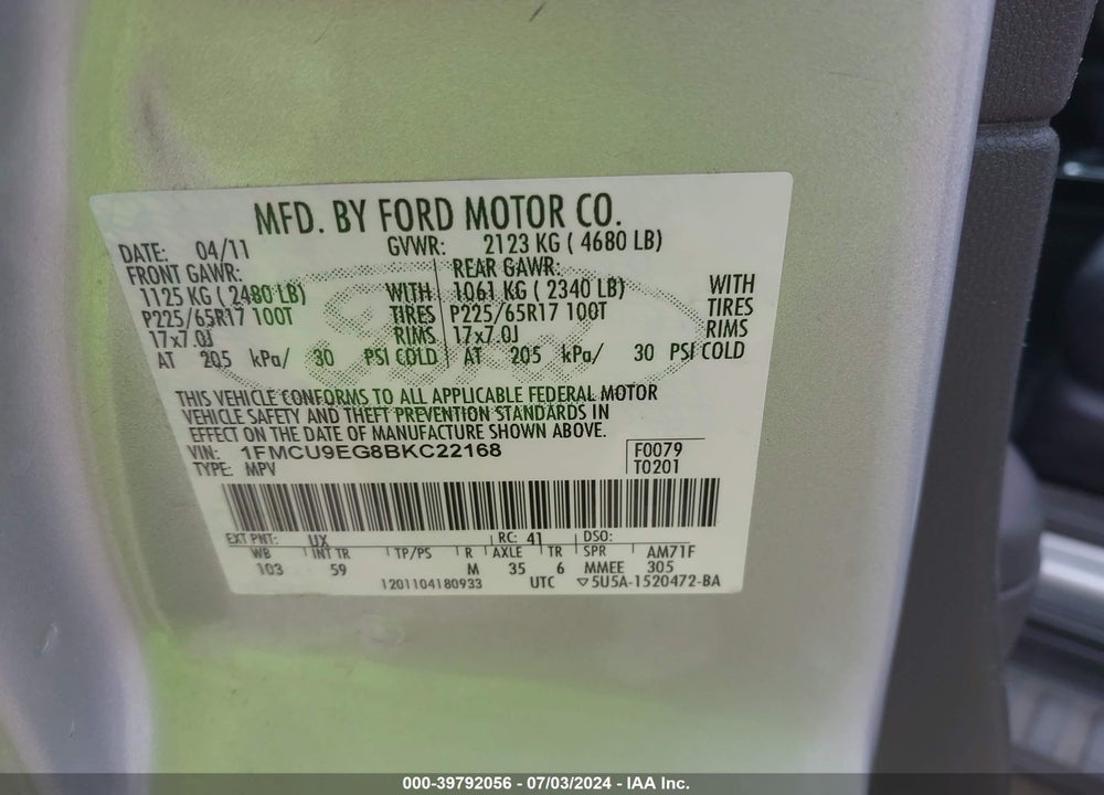 2011 FORD ESCAPE LIMITED VIN: 1FMCU9EG8BKC22168