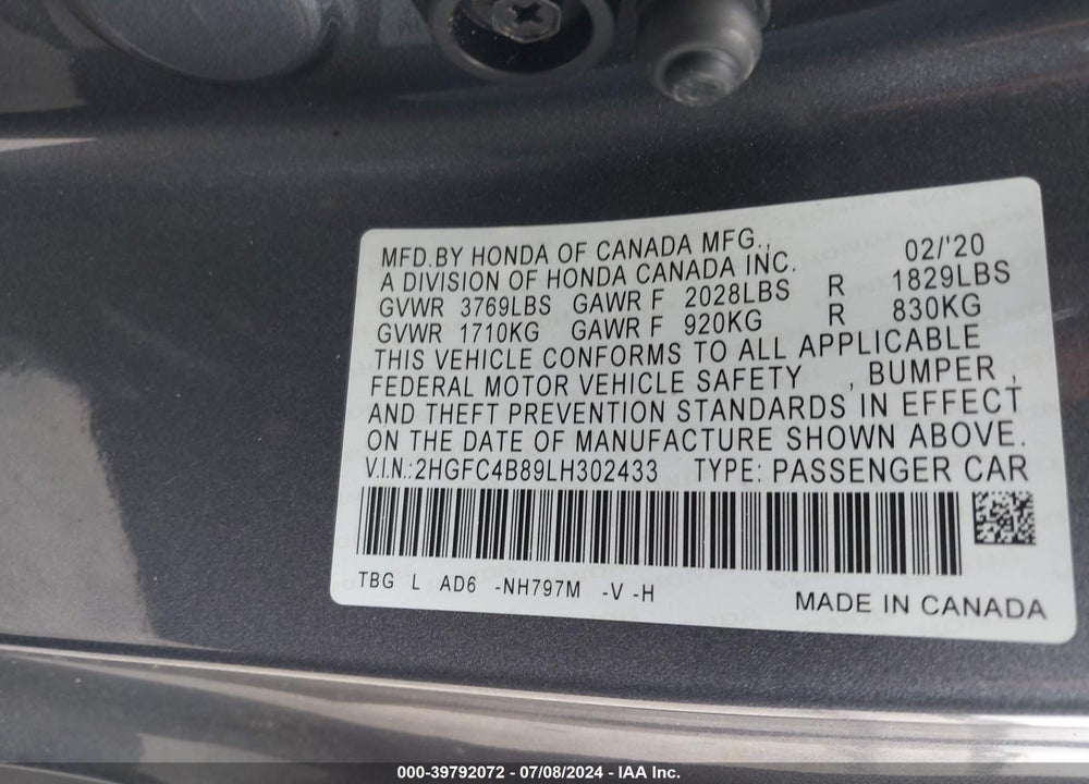 2020 HONDA CIVIC SPORT VIN: 2HGFC4B89LH302433