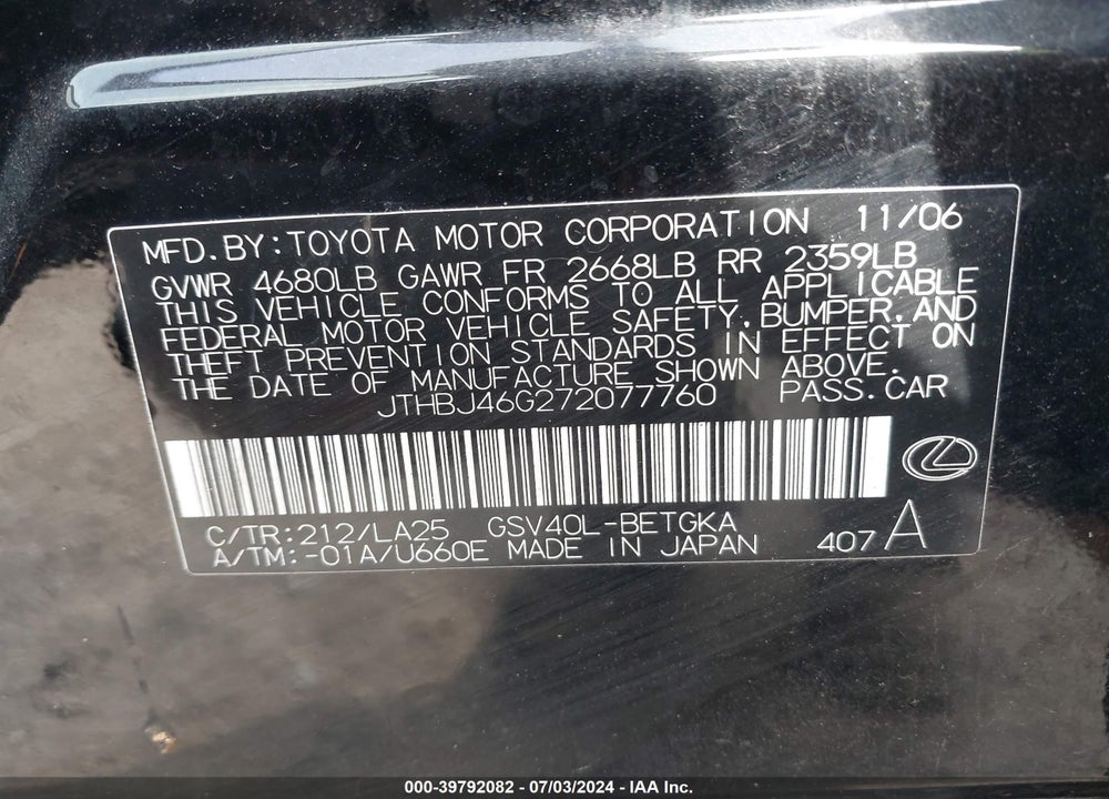 2007 LEXUS ES 350 VIN: JTHBJ46G272077760