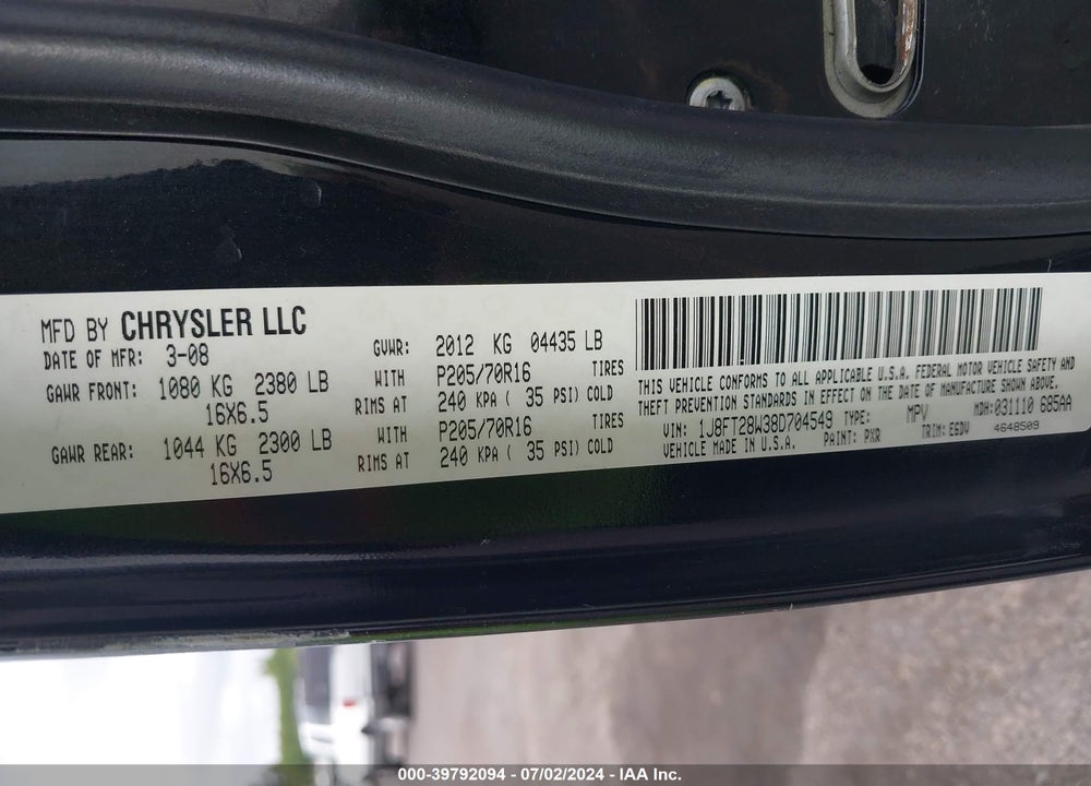 2008 JEEP PATRIOT SPORT VIN: 1J8FT28W38D704549