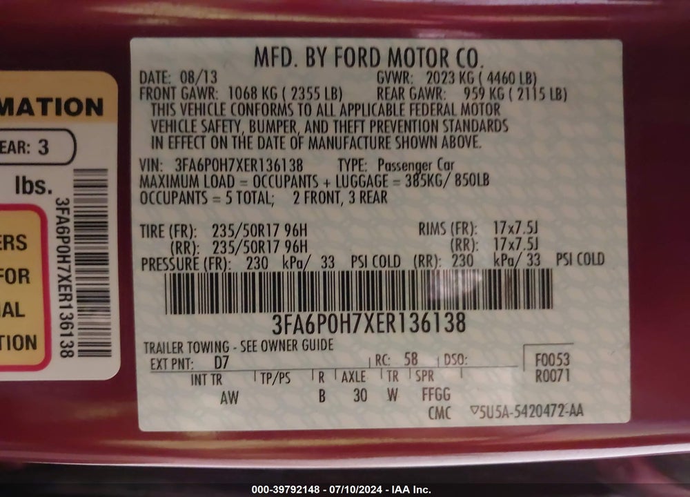 2014 FORD FUSION SE VIN: 3FA6P0H7XER136138