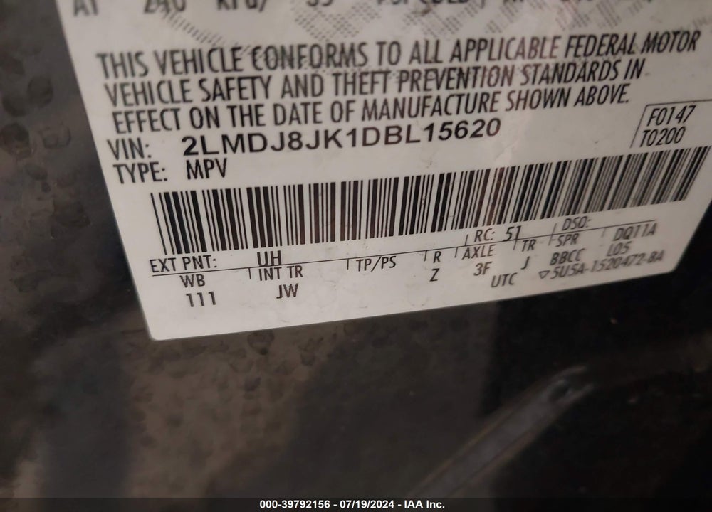 2013 LINCOLN MKX VIN: 2LMDJ8JK1DBL15620