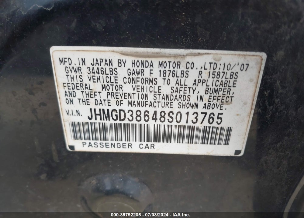 2008 HONDA FIT SPORT VIN: JHMGD38648S013765