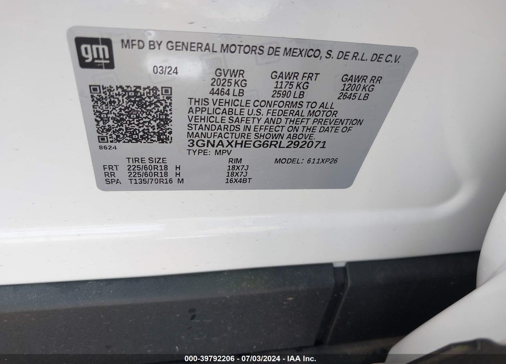 2024 CHEVROLET EQUINOX VIN: 3GNAXHEG6RL292071
