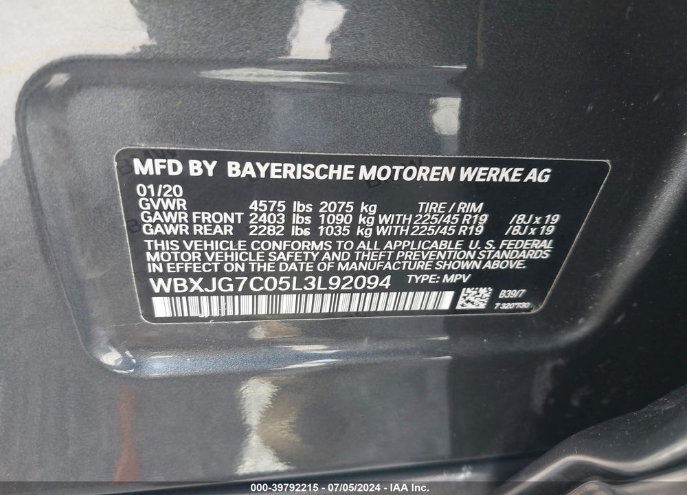 2020 BMW X1 SDRIVE28I VIN: WBXJG7C05L3L92094