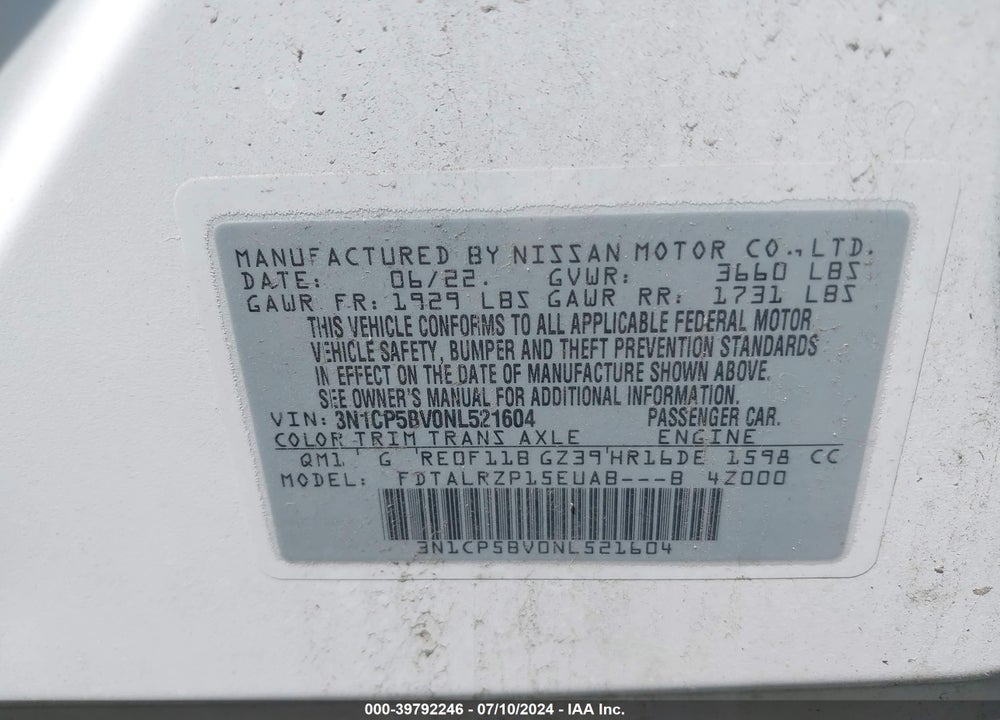 2022 NISSAN KICKS S XTRONIC CVT VIN: 3N1CP5BV0NL521604
