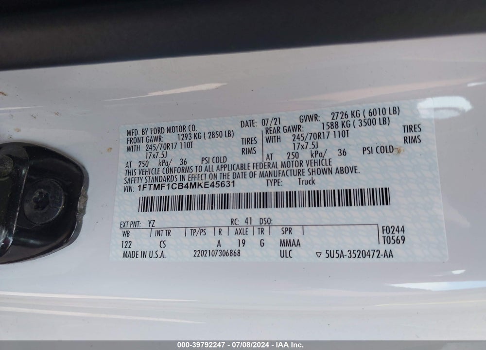 2021 FORD F-150 XL VIN: 1FTMF1CB4MKE45631