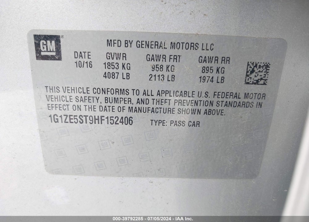 2017 CHEVROLET MALIBU 1LT VIN: 1G1ZE5ST9HF152406
