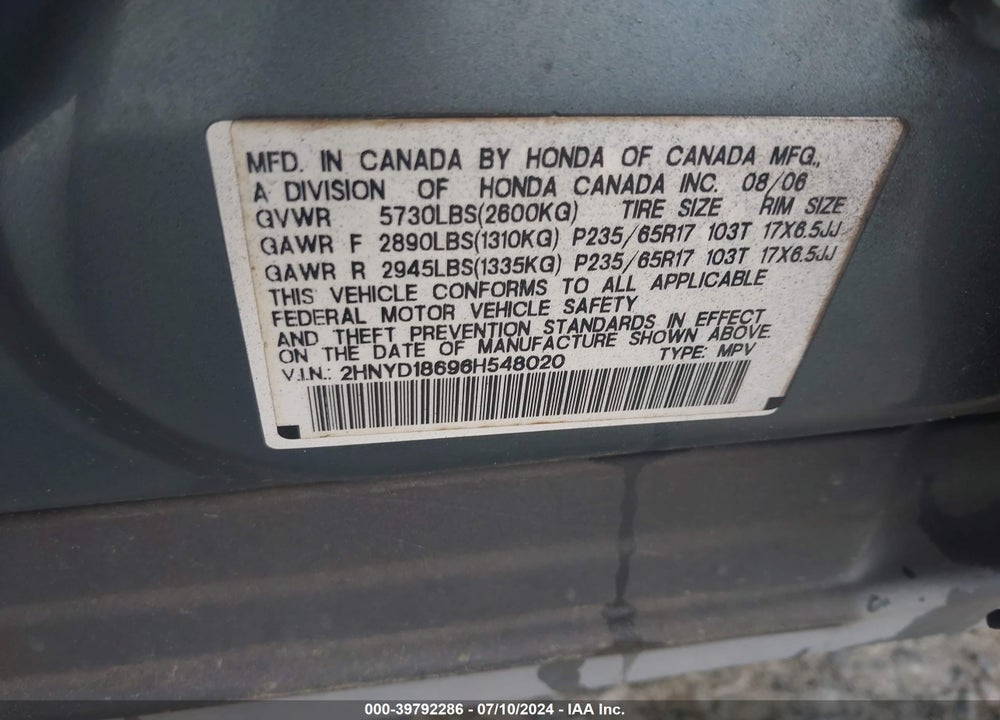 2006 ACURA MDX VIN: 2HNYD18696H548020