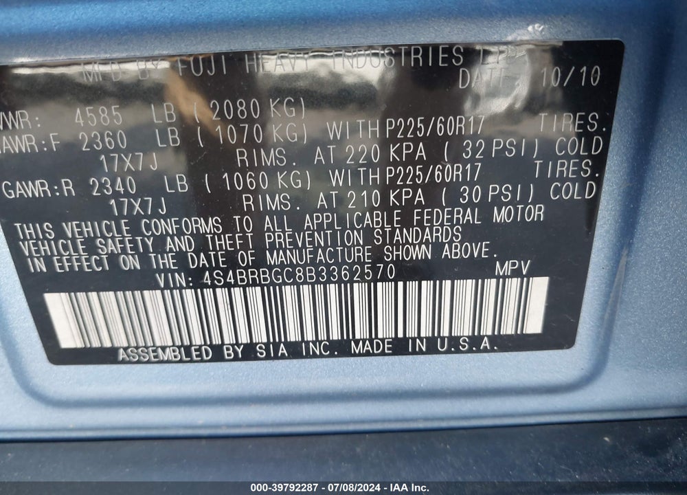 2011 SUBARU OUTBACK 2.5I PREMIUM VIN: 4S4BRBGC8B3362570