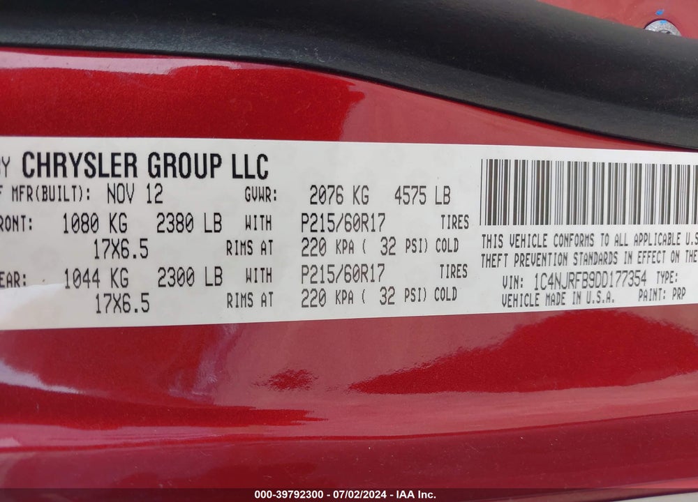2013 JEEP PATRIOT VIN: 1C4NJRFB9DD177354