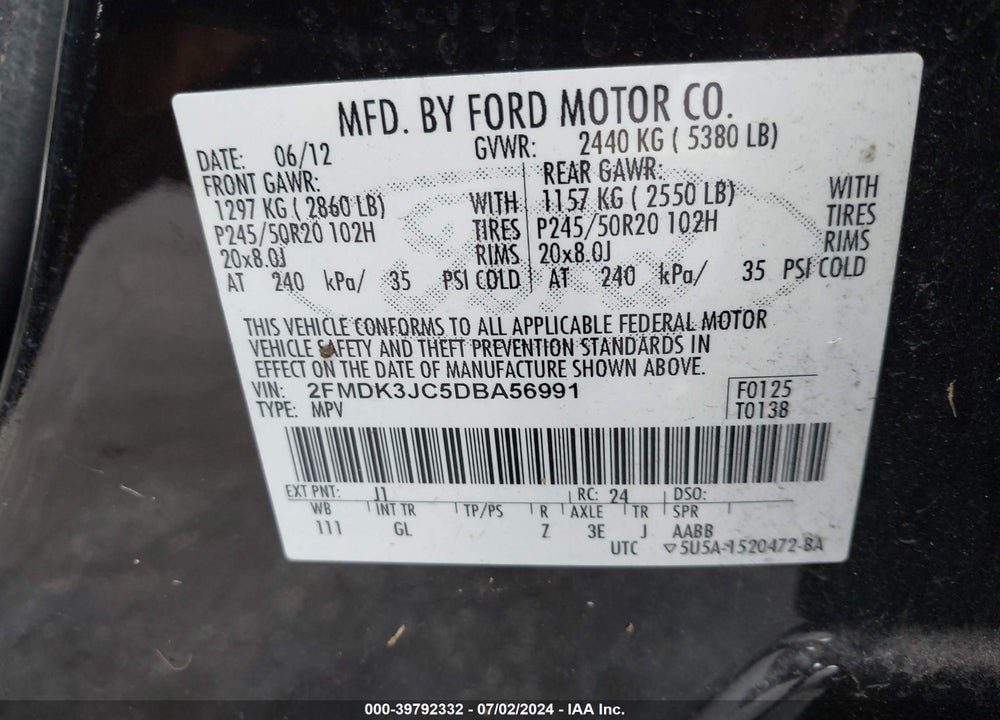 2013 FORD EDGE VIN: 2FMDK3JC5DBA56991