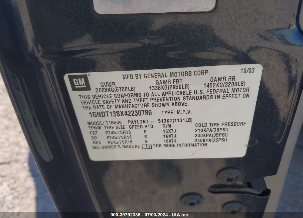 2004 CHEVROLET TRAILBLAZER LS VIN: 1GNDT13SX42230786
