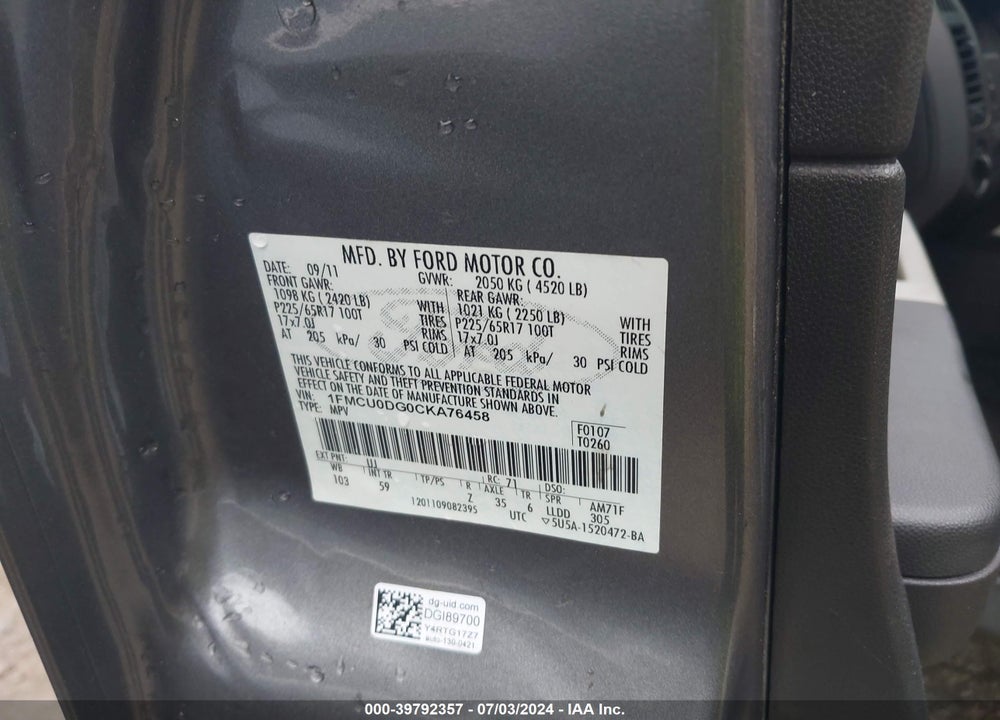 2012 FORD ESCAPE VIN: 1FMCU0DG0CKA76458