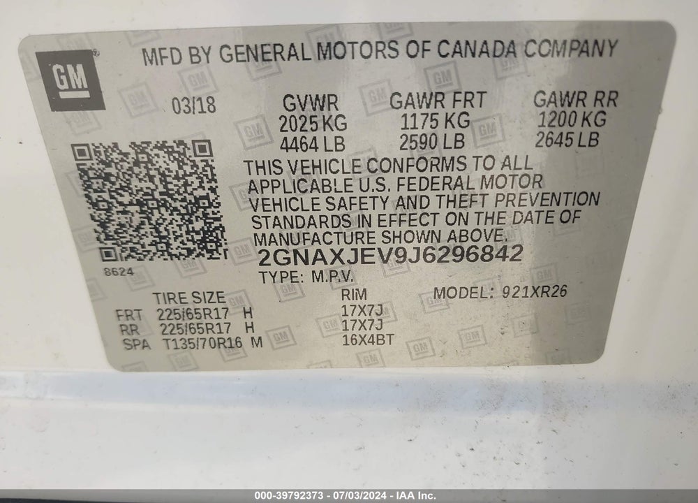 2018 CHEVROLET EQUINOX LT VIN: 2GNAXJEV9J6296842