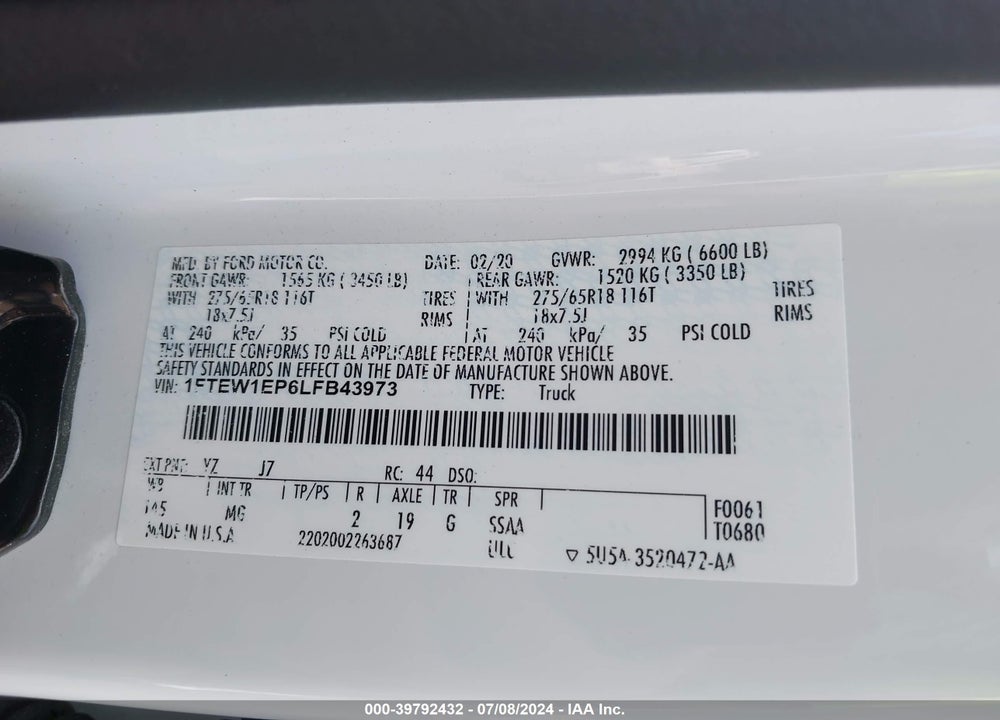 2020 FORD F-150 XLT VIN: 1FTEW1EP6LFB43973