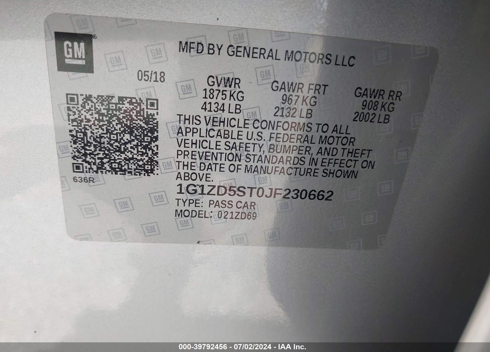 2018 CHEVROLET MALIBU LT VIN: 1G1ZD5ST0JF230662