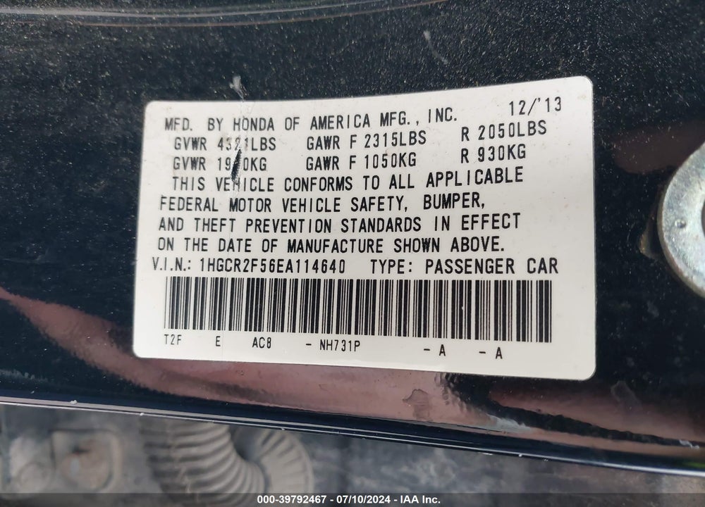 2014 HONDA ACCORD SPORT VIN: 1HGCR2F56EA114640