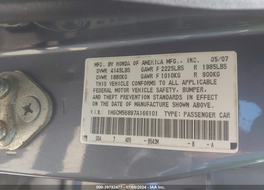 2007 HONDA ACCORD 2.4 EX VIN: 1HGCM56897A166101